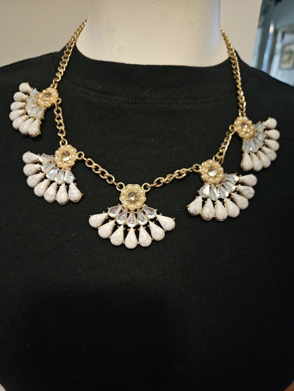 Vintage Necklace * White Fan w/ Gold * Statement * Costume